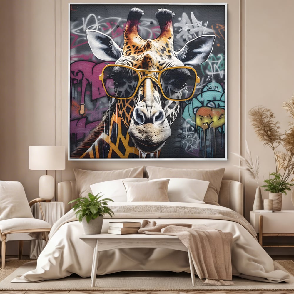 Tablou canvas cu tablou canvas cu girafa stilizata, in rama de aluminiu argintiu, pe perete intr-un dormitor